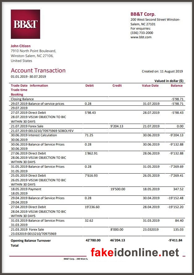 BB&T Editable Word Bank Statement